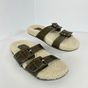 Sz 39 Definery Loop Leather Croc Double Buckle Shearling Slide Sandals‎